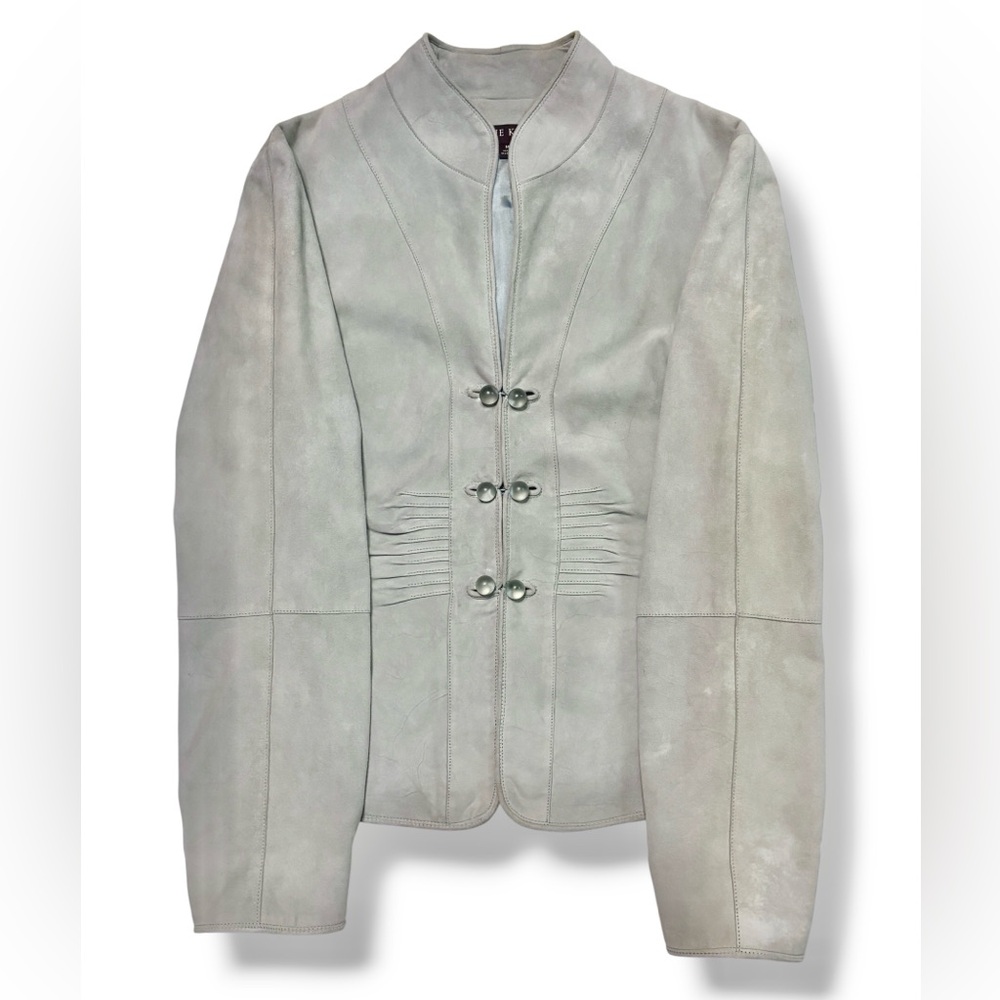 ANNE KLEIN Mandarin Collar Pin-Tuck Suede Leather Jacket VINTAGE - Picture 14 of 15